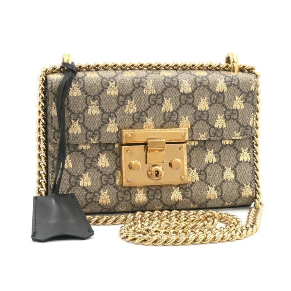 Gucci Padlock Chain Shoulder Bag GG Supreme Leather Beige Black Bee